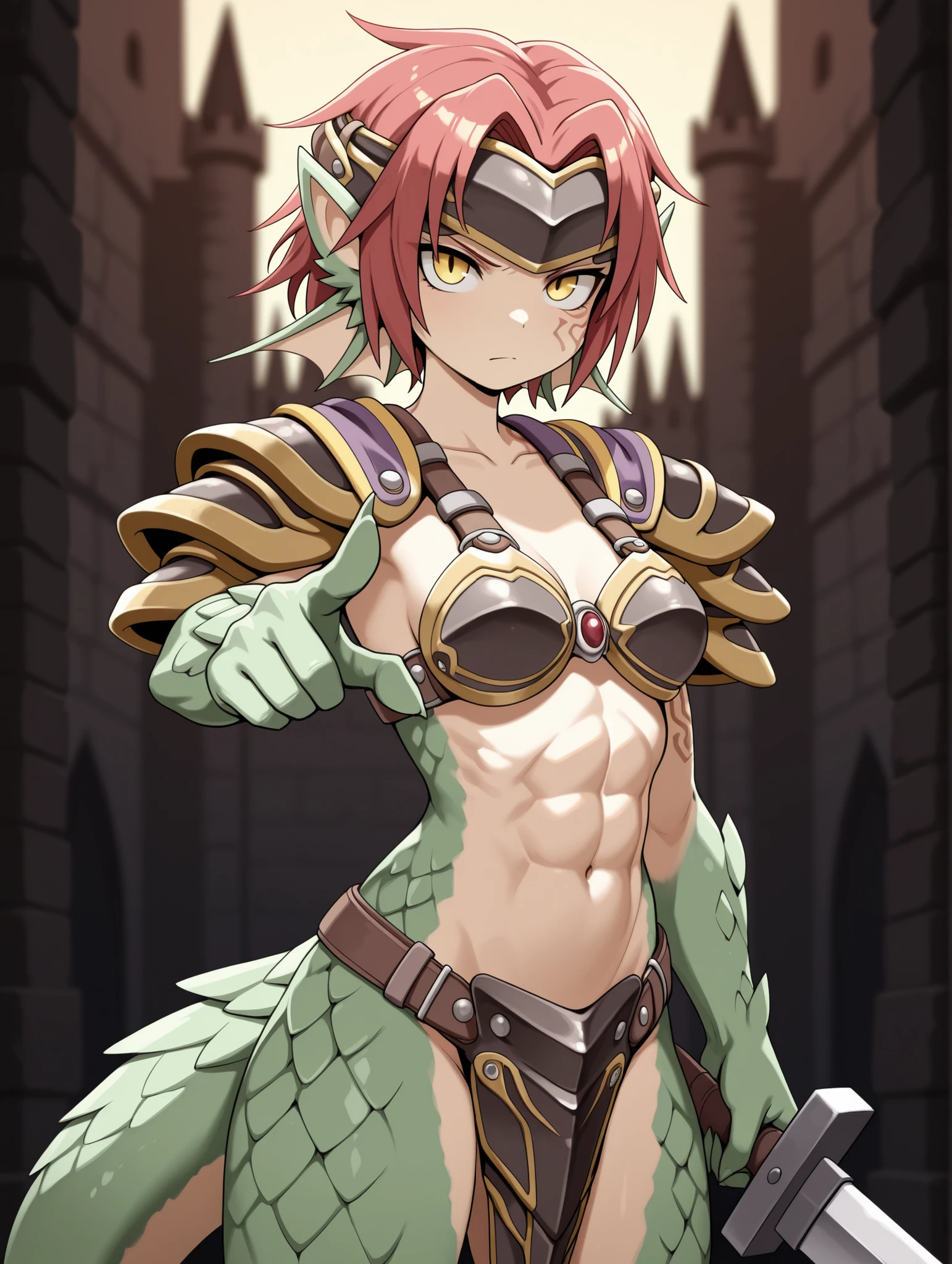 Adult female, fantasy, fantasy arena, bloody, happy, bloody smile, perfect smile, highly detailed, very short red hair, emerald green irises, barbarian, toned body, well-defined abs, thin robes, fighting, perfect detail, perfect eyes, black pupils, vibrant eyes