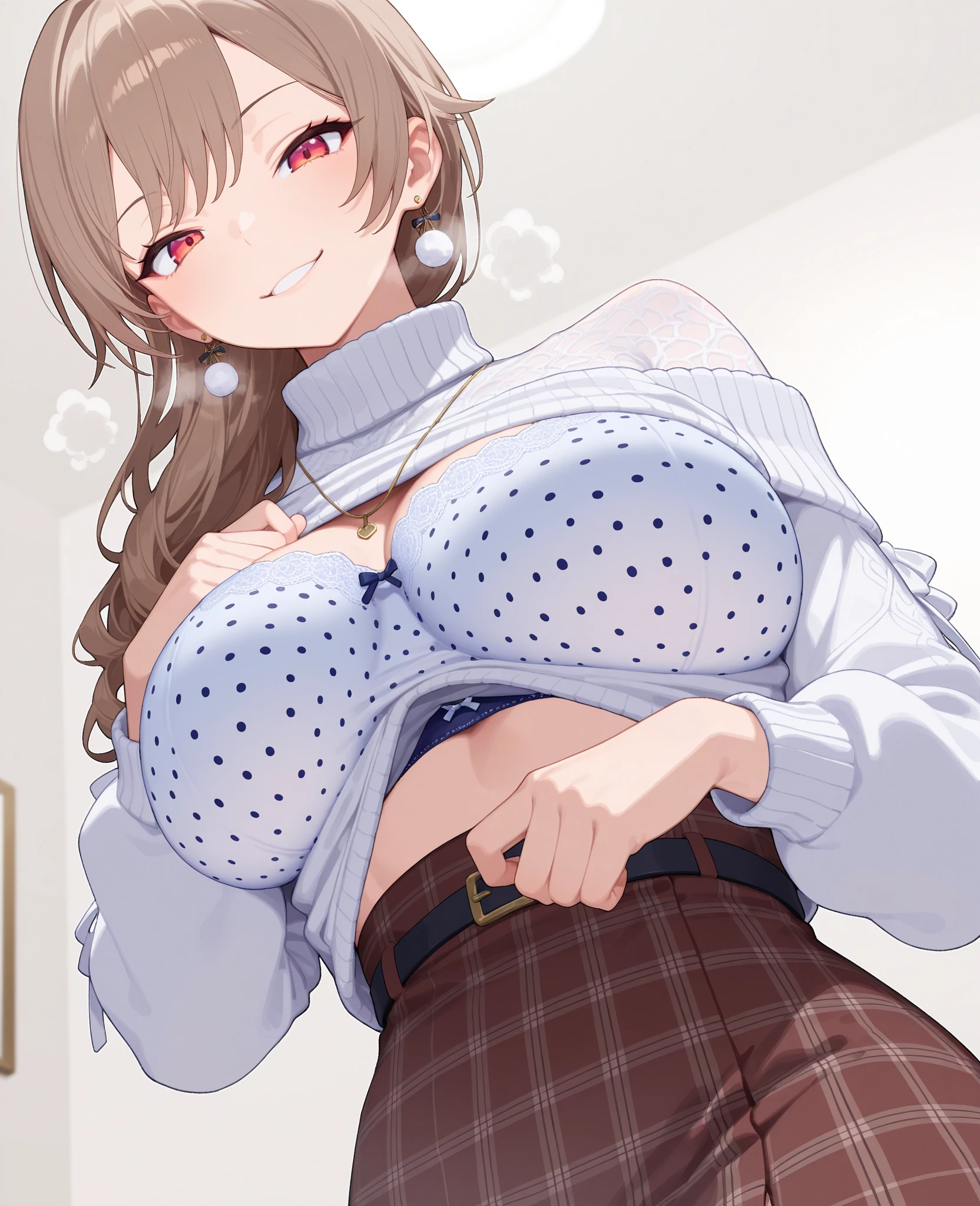((Finest quality)),(超A high resolution),(ultra-detailliert),(Meticulous portrayal),((Best CG)),(Finest works of art),Ultra-Precision Art,The art of astounding depiction,Art with precise depiction in every detail:1.5, (1人の女性:1.5),((Sweater with a heart-shaped cutout on the chest:1.5)),cleavage of the breast:1.5,A slight smil:1.3,