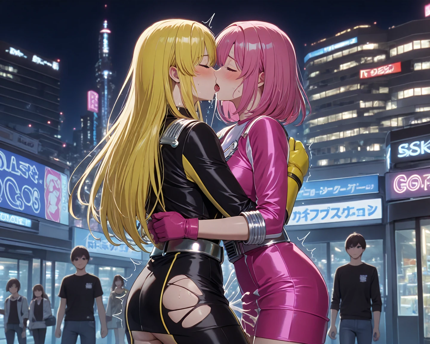 Florence Nightingale, destiny/Grand Order, score_9, score_8_superior, score_7_superior, score_6_superior, score_5_superior, score_4_superior, BREAK sauce_anime, sauce_Explicit, One boy and two girls, The boy is naked, oneshota, Grab your chest, kiss, Face to face, profile, saliva, Megami Magazine, anime screencap, Break 1 Girl, Huge, Trick or Treat Cosplay, Revealing clothing, Shrug \(clothing\), Short sleeve, Layered Bikini, Purple Bikini, Green Bikini, belt, Nurse cap, mini skirt, Green gloves, Knee socks, Garter Straps, Leaning forward, blush, Official Art, Sweat, vapor, Half closed eyes, avert your eyes, night, city