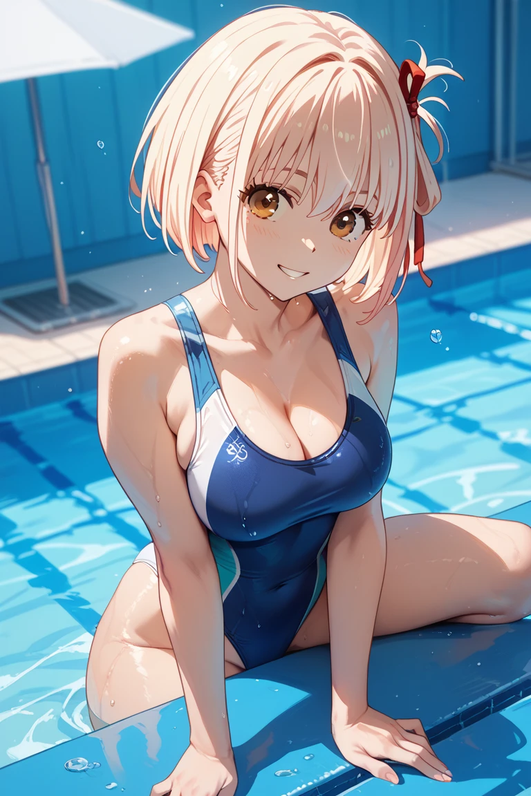 1girl(blond short hair, Braid, red bikini, Blue eyes, tall, Tan Skin. light smile), pool