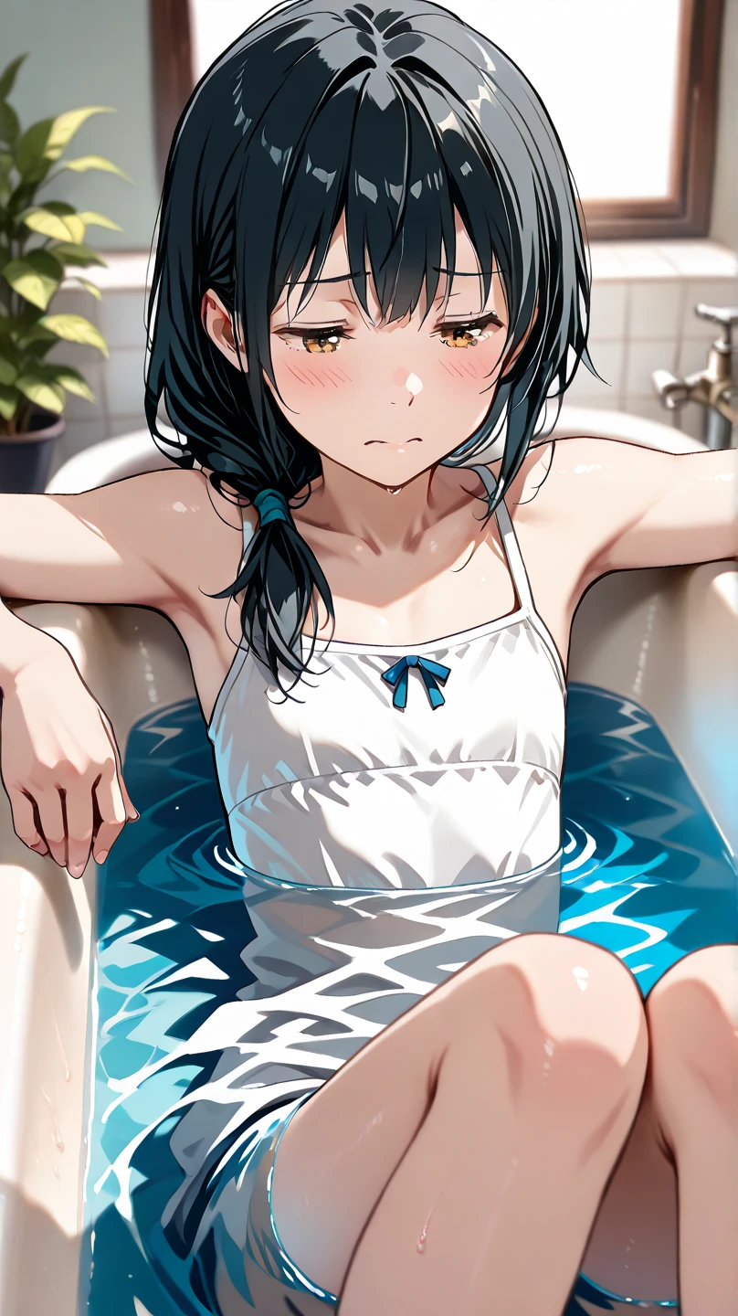 masterpiece,Highest quality,Very detailed,A girl bathing in hot water,Scared,Panic,The pupils constrict,shout,Raise your eyebrows,Are crying,Eyes Wide Open, Swimsuit, One piece swimsuit, White swimsuit, Idolmaster Shiny Colors, Nanakusa nichika, Dark green hair, Short Hair, Watery eye, Feeling embarrassed, blush, torture, whole body, Thighs, hot water bath, Bright red skin, Glowing skin