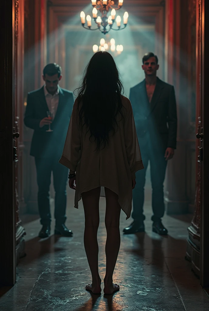 A woman with her back turned looking at the two men