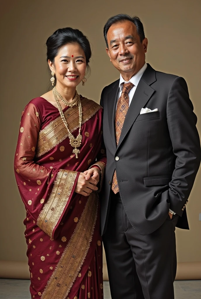 There were two people standing next to each other in front of the cake...., sukhothai costume, in style of thawan duchanee, Ceremony pictures, Thai art, couple, scene, fix it, full portrait, traditional clothes, MAY, Wear traditional costumes...., traditional dress, lovely couple, Royal portrait, full protrait, 1 / 4 pics