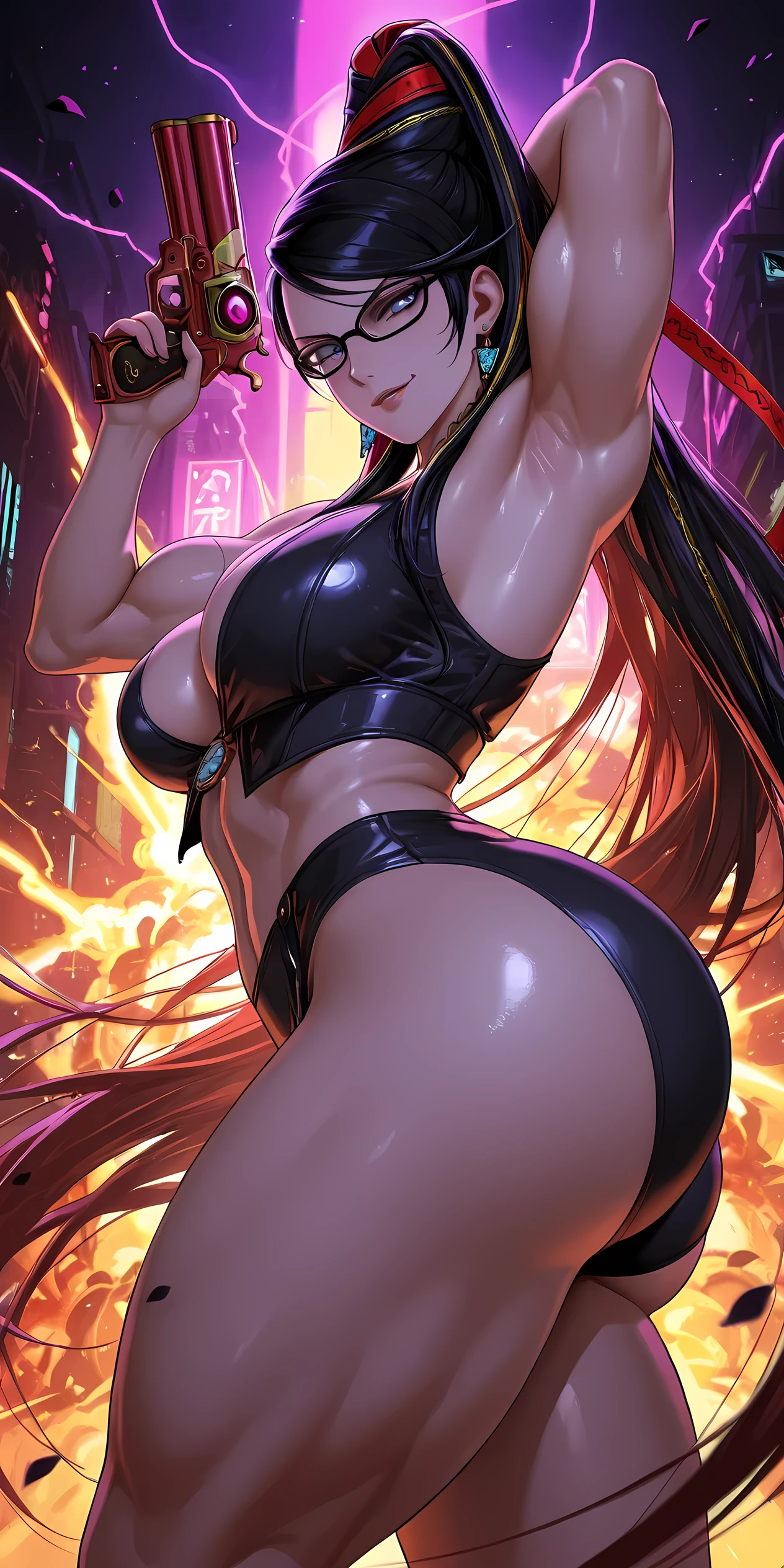(8k, best quality, masterpiece:1.2), (realistic, photo-realistic:1.37), ultra-detailed, 1 girl,cute, solo, (tifa lockhart), (enormous breasts:1.5),(beautiful detailed eyes), (smile:1.2), (closed mouth), erotic pose, dancing, depth of field, dark intense shadows, sharp focus, depth of field, good composition, Final Fantasy VII, (blue latex bikini:1.5), full body, head rest, lips, pretty face, low-tied long hair, ((red_eyes:1.2)), (night:1.3), intricate, bokeh, cinematic lighting, photon mapping, radiosity, physically-based rendering, (Tetsuya Nomura style), nsfw, perfect breasts, (in futuristic neon city)