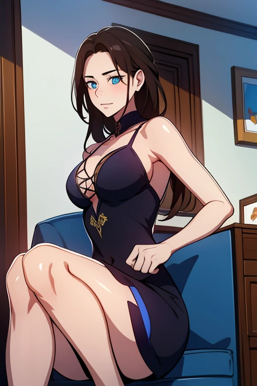 Gorgeous and sexy big breasted athlete (thin) She wore a dark blue off-the-shoulder sleeveless dress、Sharp-looking brunette woman, Updo
