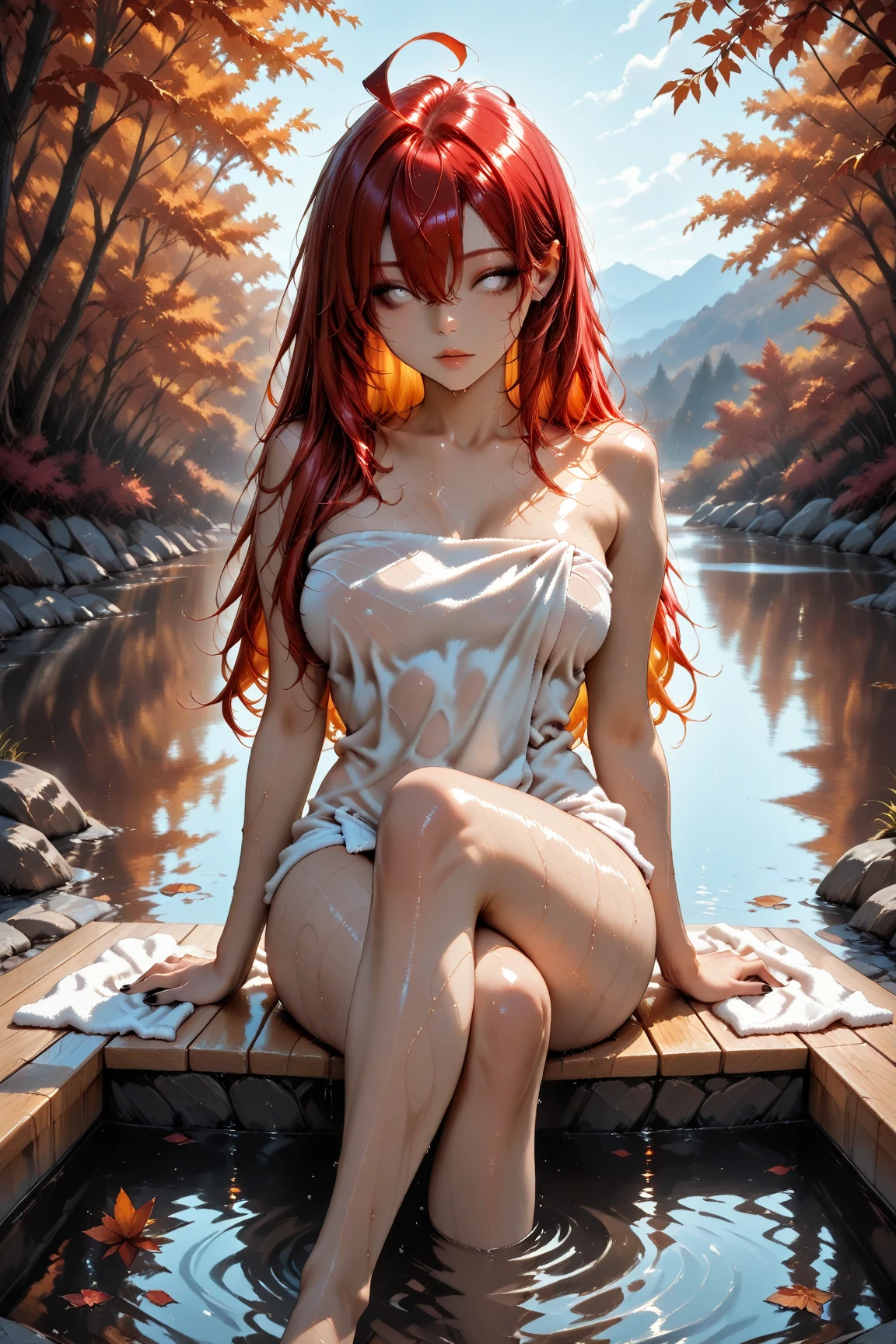 (masutepiece, Best Quality), ((1girl in, Solo, Long hair)), Ishmael_limbus, Innocent expression, Bare arms, Bare shoulders, barechested, watercolor paiting, sundress, liquid clothes, Water, vague, Water Dress, Blue_theme, Night, myst, Dark, Sharp Focus, On the beach, See-through dress, Orange hair