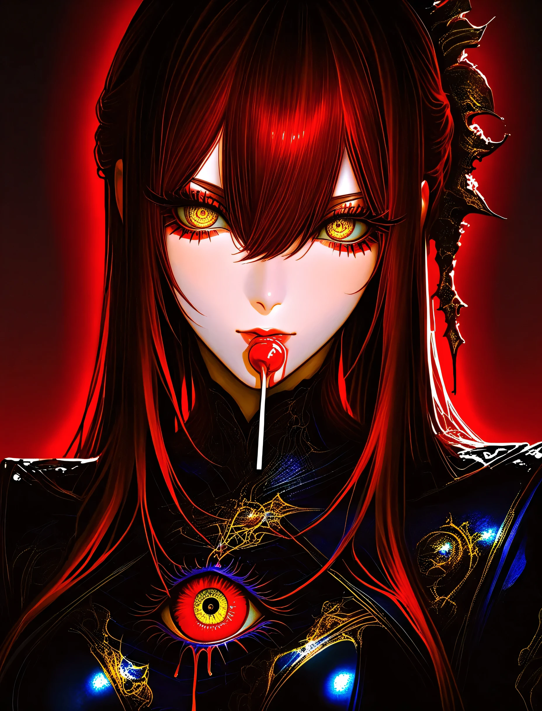 1 girl , golden eyes , very long hair , long sidelocks, red hair ,half updo, petite , very cute , beautiful ,Straight hair, cool, handsome, hair between eyes, sexy, medium breasts , surreal horror, glowing golden eyes, intense pink and red makeup with exaggerated lashes, holding a realistic eyeball lollipop dripping blood, bowl y eyeballs, glossy lips, neon lighting with pink-red gradient background, creepy-cute aesthetic, high detail, fantasy horror photography style, Horror