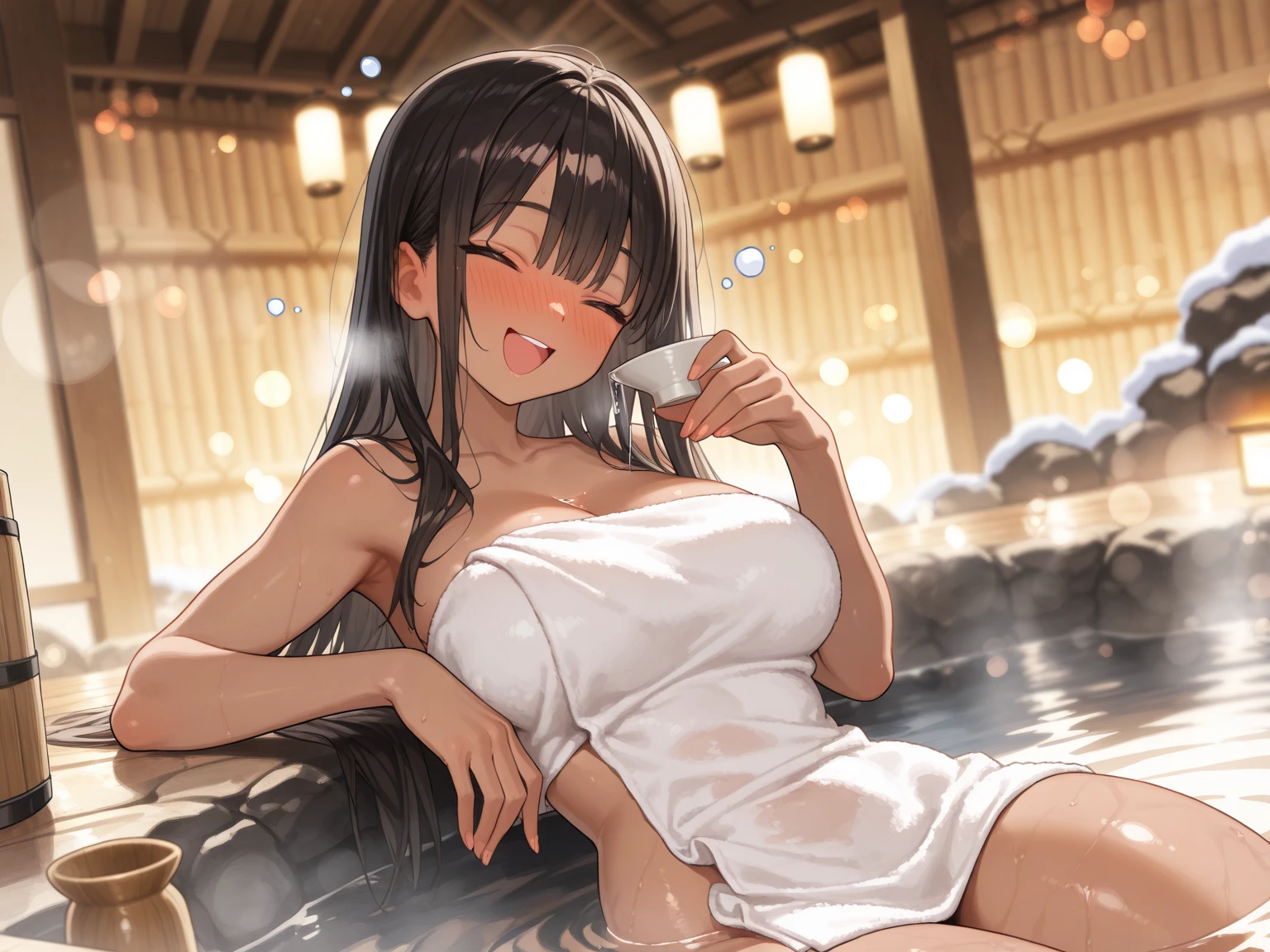 A hot spring resort in the mountains of Japan,beautiful mountain in background々,(Hot water smoke obstructing the view Water vapor rising from the bathtub:1.3),(Rock bath open-air bath:1.3),Blushing cheeks、shyly smile、(beautiful a girl)、Blush with embarrassment、Enraptured eyes、A smile that beguiles the viewer、skin glistening with sweat、a necklace、piercings、pointed red mouth,Perfect round face, ,Intricate details,Very delicate and beautiful hair,photos realistic,Dreamy,Professional Lighting,realistic shadow,Solo Focus,Beautiful hands,Beautiful fingers,Detailed finger features,Detailed arm functions,detailed clothes features,Detailed hair features,detailed facial features,(masutepiece,top-quality,Ultra-high resolution output image,) ,(The 8k quality,),(Image Mode Ultra HD,), massive lovely round giant bare breasts shown, completely naked girl