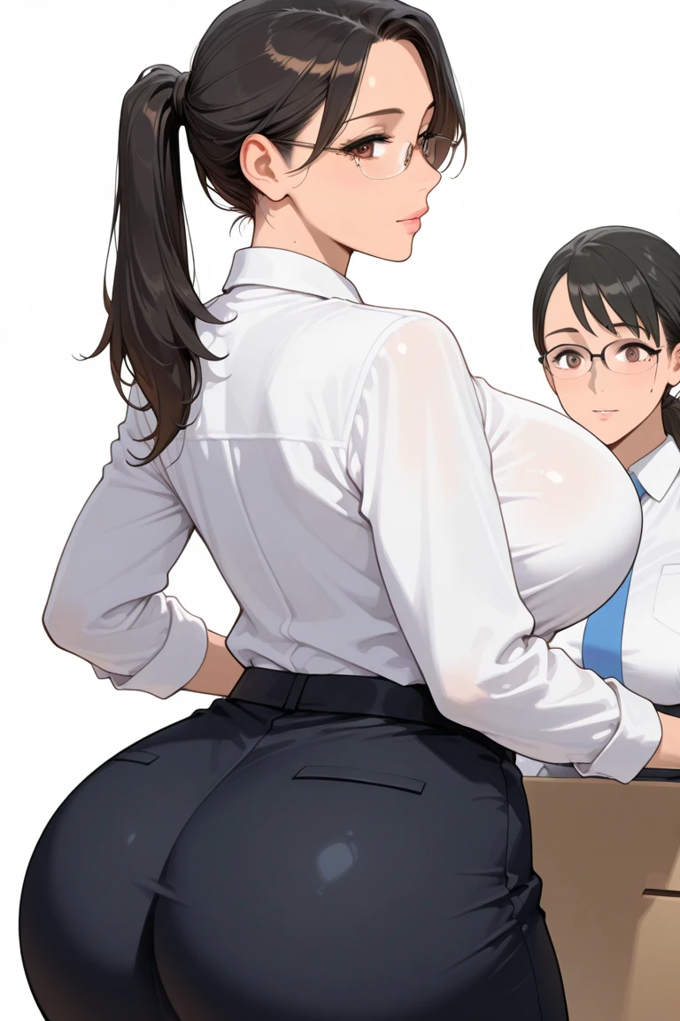 ((Huge tit)),big ass,((wide hips)),((white skin)),((long brown hair)),((brown eyes)),((hair braids)),((thicc's thighs)),((glasses)),((white t-shirt)),((long black jean)),white shoes,((white doctor's coat)),((sitting behind a desk))