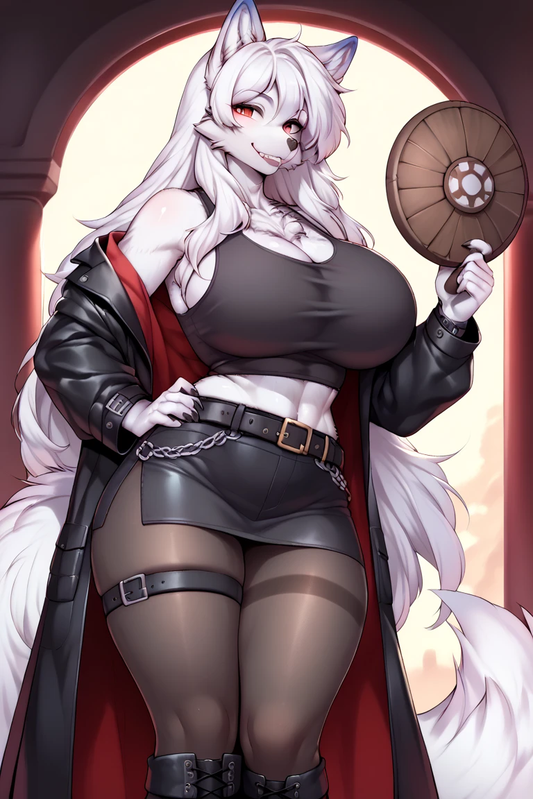 cute,furry_girl,wolf_girl,Elegant figure,Model's body_type,detailed_eyes,silver_hair,cute_ears,wolf_ears,black robe,leggings,fluffy_furs,earrings,upper body,stocking with garterbelt,neck garter,(perfect detailed eyes:1.5),jewelry, blank eyes,brooch,smiling,(front:1.5),(furry:1.5),long lashes,flowy chiffon,well-proportioned figure,(thick thighs:1.1),perfectly high-detail facial features,(perfect detailed eyes:1.5),silky long hair,masterpiece, best quality, Ultra-high quality, Ridiculous details,(best quality,4k,8k,highres,masterpiece:1.2),ultra-detailed