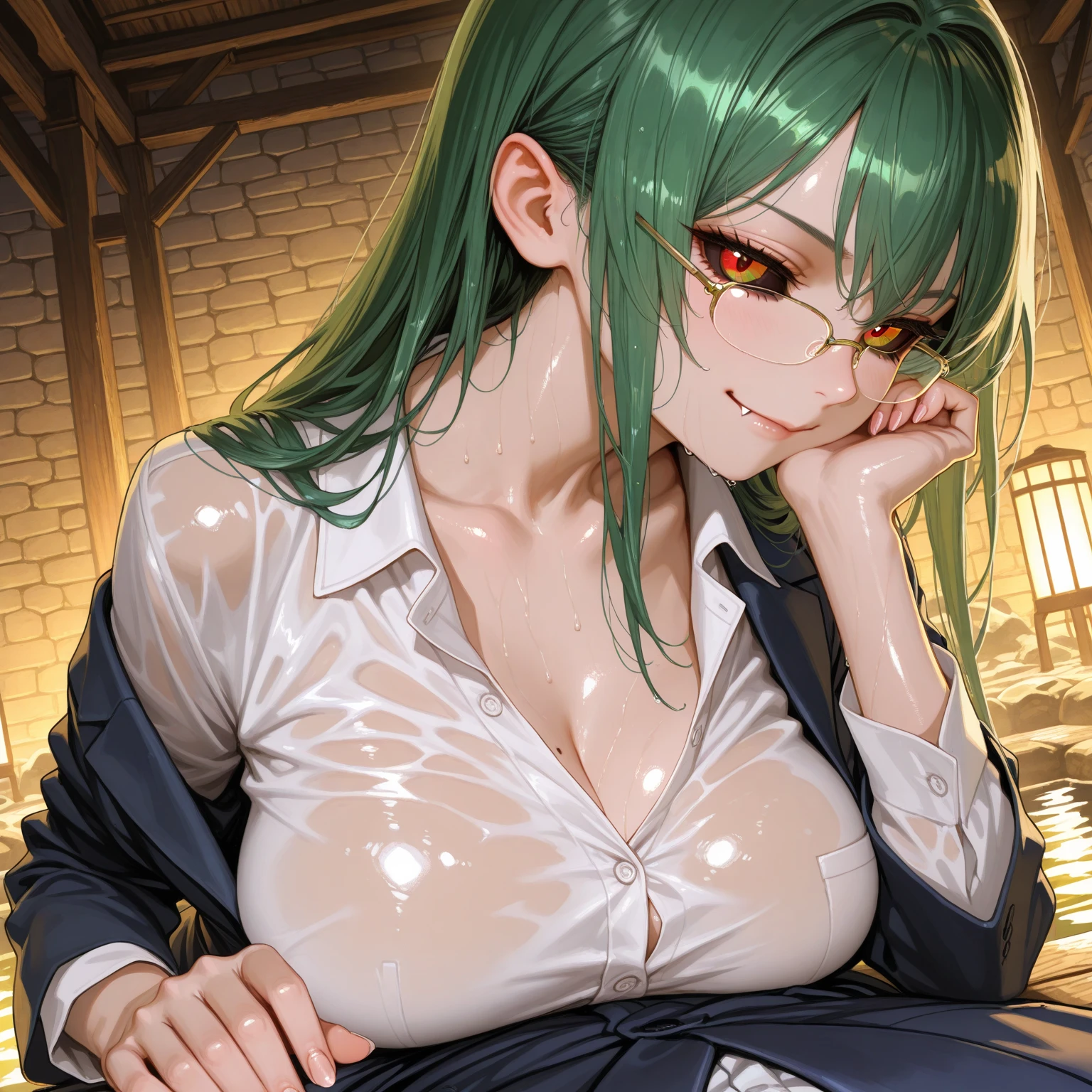(((nsfw, close-up Facial, from below))) ,(straddling), BREAK 1 girl, 18 years old, (closed eyes),(((embarrassed, aroused, seductive, in heat, orgasm,blushing,be breathless, very humid,steam))) , BREAK(((light green-hair))),(((semi Long hair tied into a single strand with a thin pink ribbon at the end.))),(forehead:1.4), (parted bangs ,swept bangs),(under-rim glasses), (small breasts:1.1) ,((sweaty skin, dripping , girl trembling with sexual climax, cum in pussy, pubic hair)) ,slender weist, Glamorous lower body, feminine, slightly muscular, ((((vaginal,sex, 1 boy and penis,heterlo, woman on top , cowgirl position, leaning forward , grab breasts, grab breasts by self, pubic hair)))), BREAK(((White-Solid-patterned-short-Sleeve-Safari jacket with Pockets ,bottomless))), BREAK (((In a Barn))),(masterpiece), (realistic), (best quality), (ultra-detailed), amazing, ((high detailed face)) , collarbone, highres , (ultra detailed), smooth, 16K, vibrant colours,vaginal,sex,