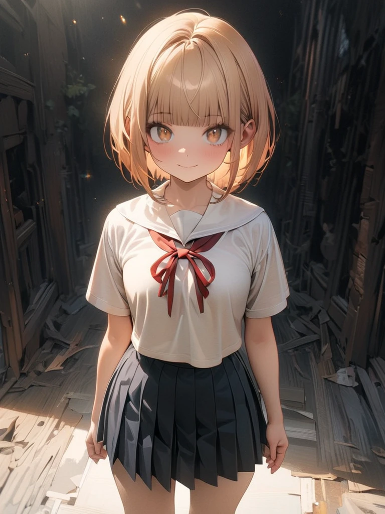 optimal,master piece,High resolution,best quality,hyper hd,super detail,award-winning,16K,solo,(Upper body),correct anatomy,Beautiful Cyberpunk Girl,cowboy shot、cute face,,blonde、bob cut、Red ribbon hair ornament、hair line,((scarlet eyes)),long eyelashes,dangling corner of the eye,white skin,((shoot from the side)), ((black t-shirt:1.5)), ((Clocktop:1.5)), ((big breasts)), ((transparent nipples))、rocket , (Because I'm slender),