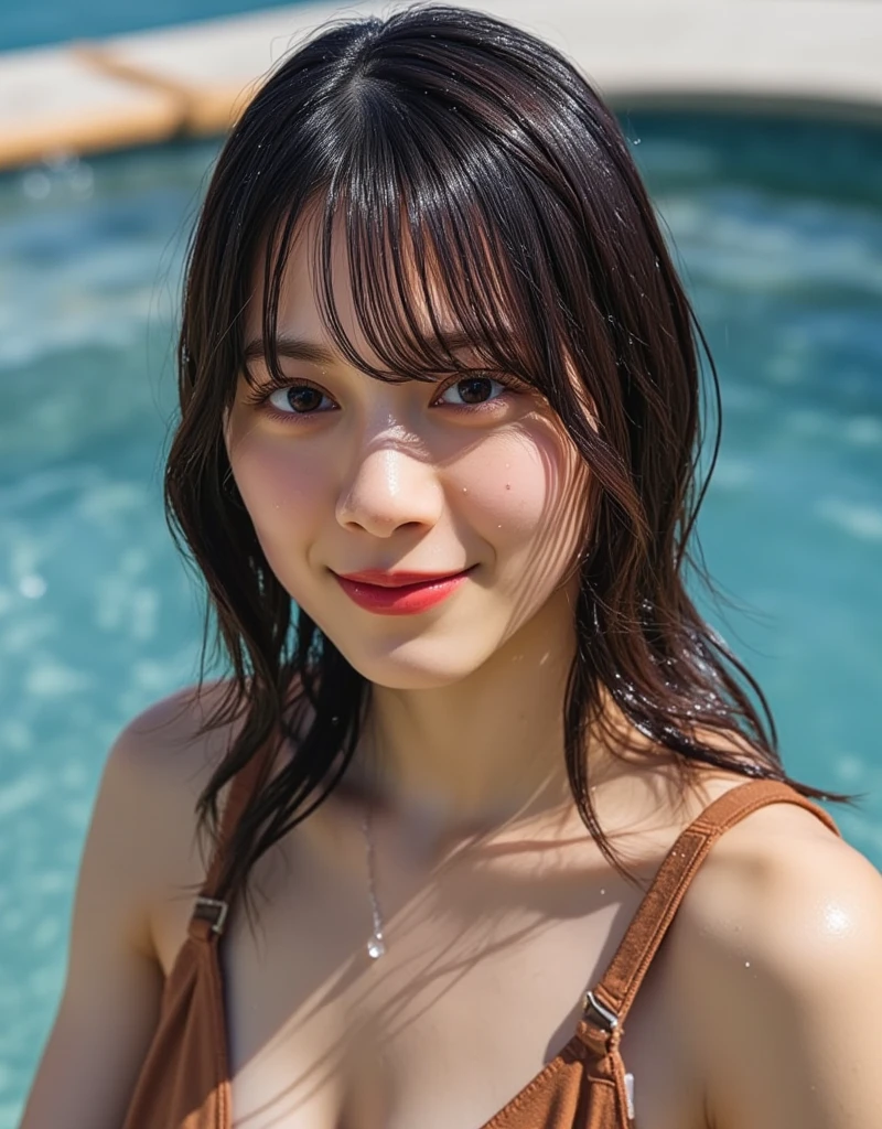 A hot spring resort in the mountains of Japan,Beautiful mountains in the background々,Open-air bath、(視界を遮る熱湯煙 Rock bathから立ち上る水蒸気:1.3),(Rock bath:1.3),(Open-air bathで肩を深く浸かる:1,3),Upper body naked,Immaculate tube top bra,Blushing、Laugh shyly、(Beautiful girls)、(Short reddish brown hair、hairpin、ponytail、Floating Hair、)huge 、blush with embarrassment、Dreamy eyes、A smile that captivates the viewer、Take a look at the photographer、Sweaty skin、Staring at the audience,necklace、Earrings、Pointed red mouth,Perfect round face,,Proper body balance,Intricate details,Very delicate and beautiful hair,Photo Real,dream-like,Professional Lighting,Realistic Shadows,Focus Only,Beautiful Hands,Beautiful fingers,Detailed finger features,Detailed arm functions,Detailed clothing features,Detailed hair features,Detailed facial features,(Tabletop,Highest quality,Ultra-high resolution output images,) ,(8K quality,),(Picture Mode Ultra HD,)