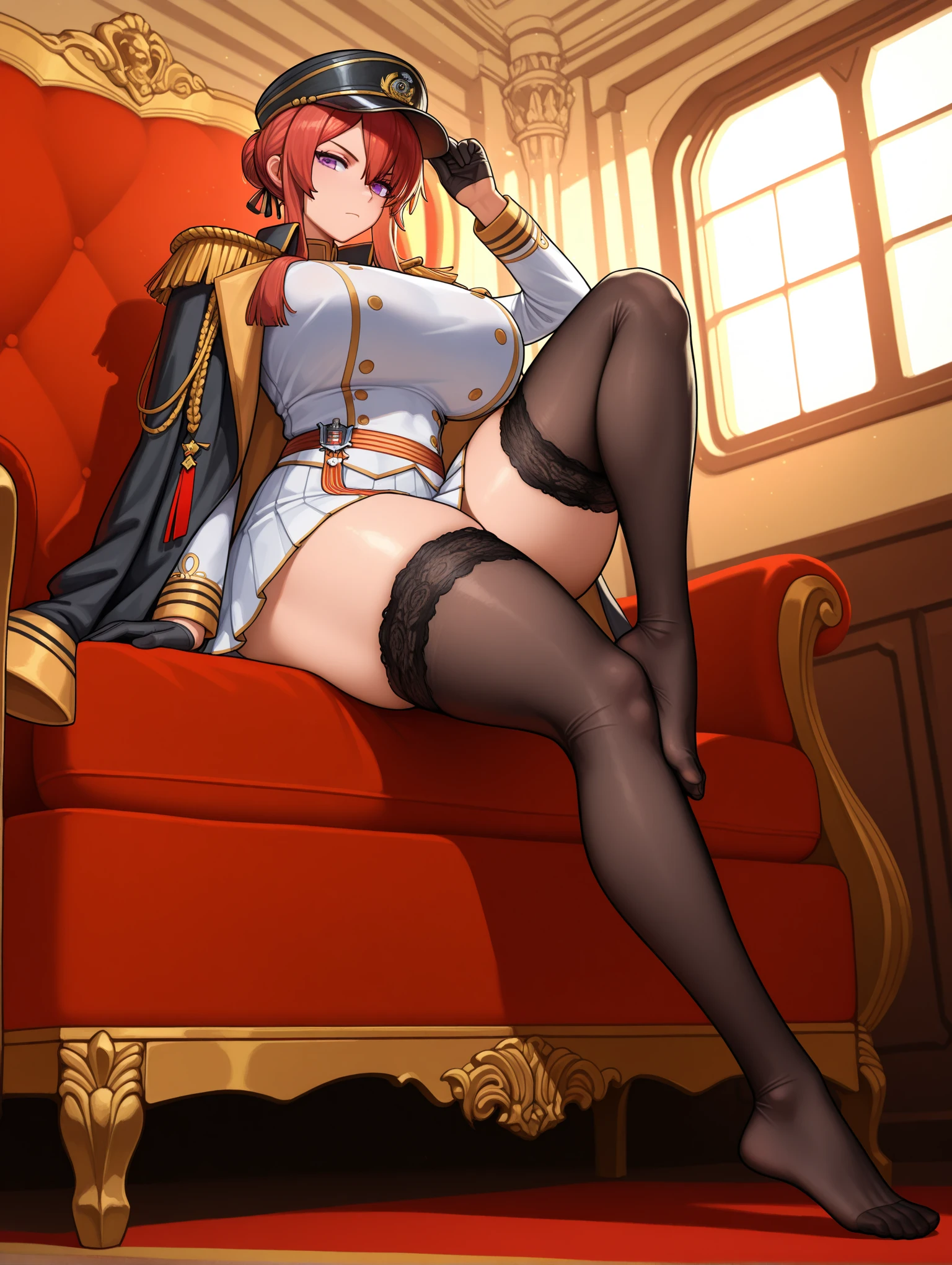A woman wearing a white military uniform, long black coat with golden shoulder pads, black boots, red hair, purple eyes, large breasts, in a large room, with pillars, with medieval architecture in the room, medieval paintings, luxurious sofas, carpets, window medieval. smiling..(woman solo)ultra resolution, very detailed, HDR, masterpiece, 8K hd