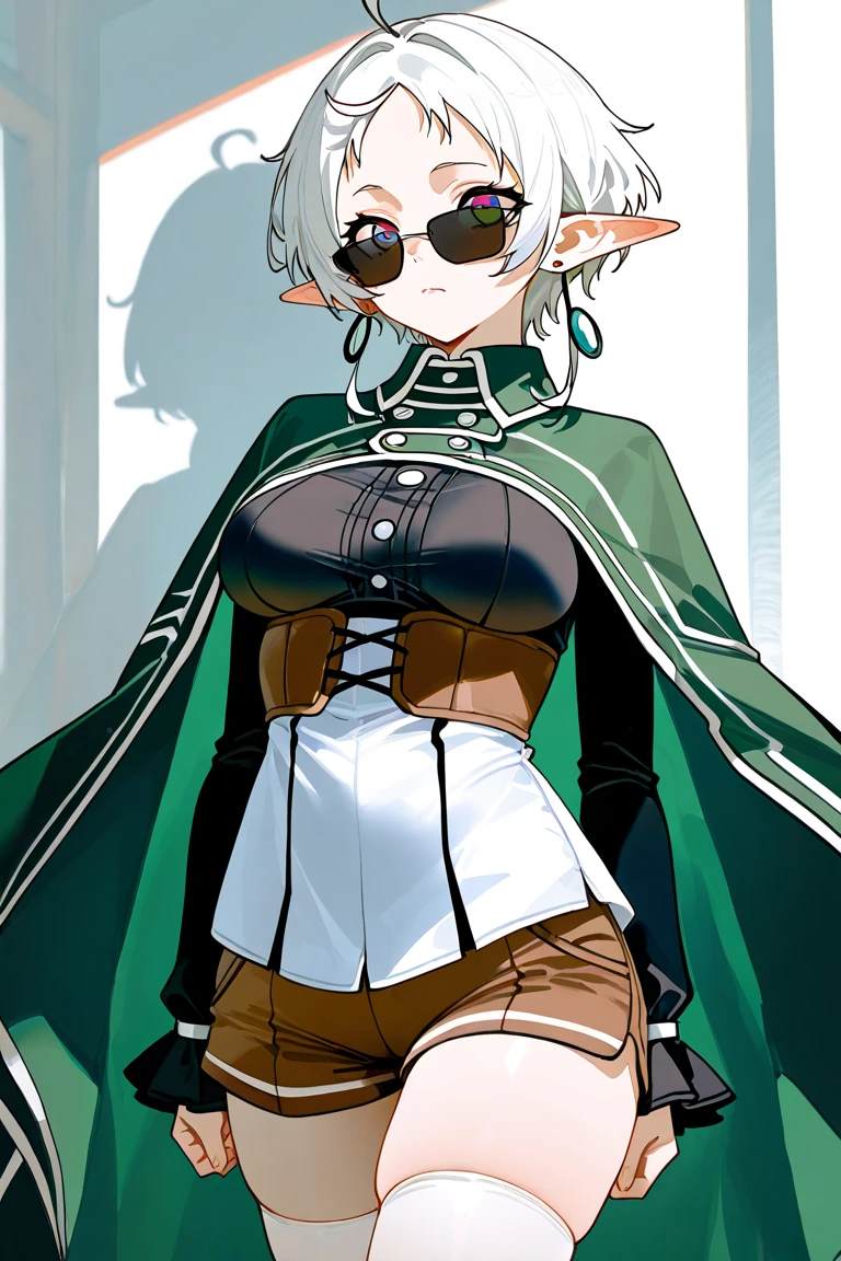 best quality, masterpiece, 1girl, (solo:1.1), raytracing, ultra detailed,detailed face, 8k wallpaper, wide hips, <lora:more_details:0.5>, SylphietteNDV, 1girl, white hair, red eyes, medium breasts, short hair, pointy ears, elf, pants, full sunglasses, shirt, green robe, <lora:SylphietteNDV:0.6>, outdoor, smile