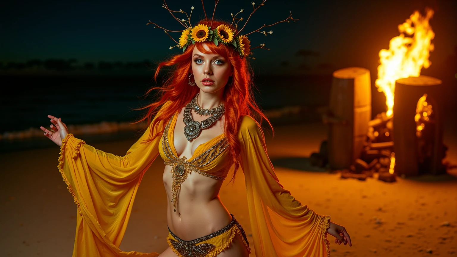 Gorgeous red-haired Meg Donnelly as a sexy Native American princess, feathers in hair, bead ornaments, hyper-realistic