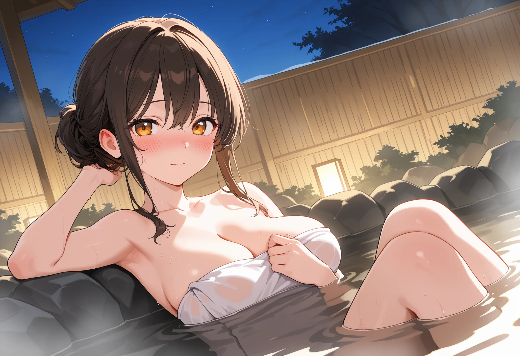 1girl, light maroon hair, long curly hair, bangs, Brown eyes, medium breast, pink nipples, nipples, vagina, blush, sexy pose, arms up, cute, indoors, night, bedroom, lamp, lights off,