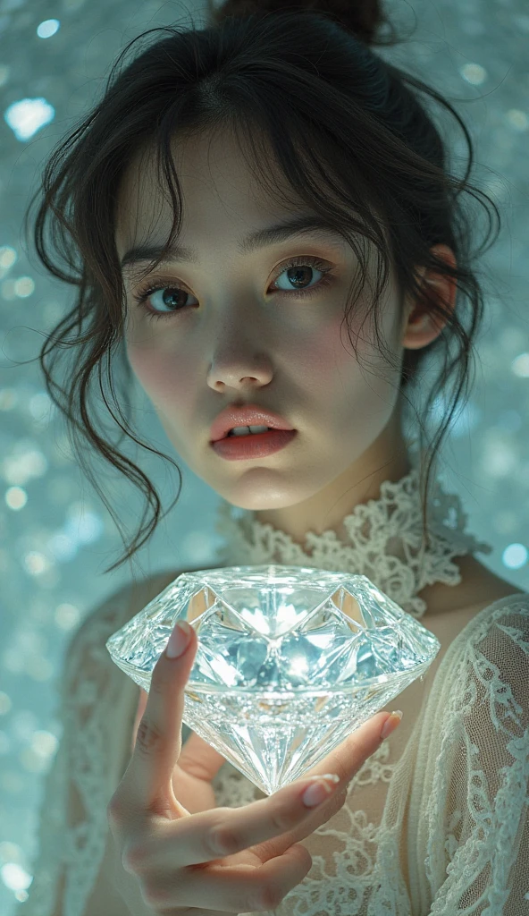 A young woman in euphoria biting into a shimmering silver pearl-like sweets, transparent gem-like box in the background, cascading light