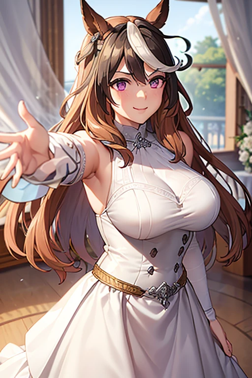 (masterpiece, best quality:1.2),illustration,8k,hd,1girl,solo,upper body,(portrait:1.2),white_headwear,black_thighhighs,black_gloves,long_hair,large_breasts,hat,smile,gloves,fur_trim,long_sleeves,blush,cleavage,coat,fur-trimmed_coat,purple_eyes,white_coat,fang,bangs,one_side_up,star_\(symbol\),black_hair,wide_sleeves,black_bow,bow,white_dress,hair_bow,dress,jacket,<lora:Pamiat(azur)>,