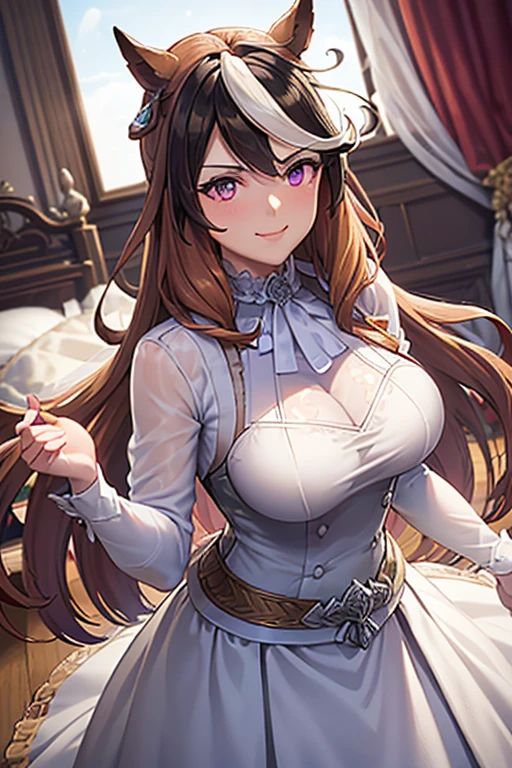 ((Anime art style)),(masterpiece),(Highest quality), (Very detailed),((Very delicate and beautiful)),((alone)),((whole body)),((1 princess in a gorgeous Victorian dress)),Lots of frills,Detailed face and eyes,Jewel-like eyes,((There is a volume and、Very long straight hair)),((Gorgeous embroidery and lace)),Gorgeous corsage,See through,gorgeous hair accessory,Gorgeous sparkling jewel tiara,Gorgeous frills,((Huge breasts,Long chest)),Skin dents,((whole body)),((Skirt of Hope,crinoline)),Standing pose,Dynamic Angle,Show Viewer,Royal Victoria Palace,(((A gorgeous Victorian dress with rich embroidery)),whole body,Big Breasts, Grin、With a creepy smile, A smile with downturned corners,View your audience, blush, Open your mouth,Please place your hand on your chest