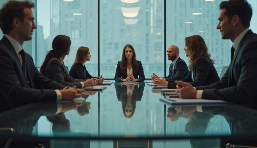 In a sleek, modern boardroom filled with executives seated around a large, polished glass table, Lady Vivienne Hawthorne, a commanding and sophisticated 40-year-old billionaire, is subtly provoking and teasing Alex Tanaka, her young 1 intern. The boardroom is an elegant space with floor-to-ceiling windows offering a breathtaking view of the city, while the room itself is filled with the quiet hum of business discussions.
Vivienne, dressed in an impeccably tailored suit with a low-cut blouse that hints at her curves, sits at the head of the table, exuding authority. As the meeting progresses, she engages with the other executives, but her focus is clearly on Alex, who is seated directly across from her.
Beneath the table, out of sight from the other attendees, Vivienne slowly slides her foot out of her stiletto and gently nudges Alex’s leg, her eyes never leaving his as she speaks with practiced ease to the others. Alex, dressed in a sharp suit, is visibly flustered, trying to maintain his composure as he feels the light, teasing touch against his leg. His eyes occasionally dart to Vivienne, his expression a mix of surprise, confusion, and undeniable attraction.
Vivienne’s gaze is filled with a knowing smile, her subtle actions under the table contrasting sharply with the professional demeanor she maintains in front of the others. The scene captures the tension between the two, as Vivienne uses the public setting to exert her power over Alex in a playful yet provocative manner. The other executives remain oblivious to the private game playing out between them, as the room is bathed in soft, natural light that adds to the atmosphere of controlled tension. Highly detailed, soft lighting, provocative and tense mood, 8K.