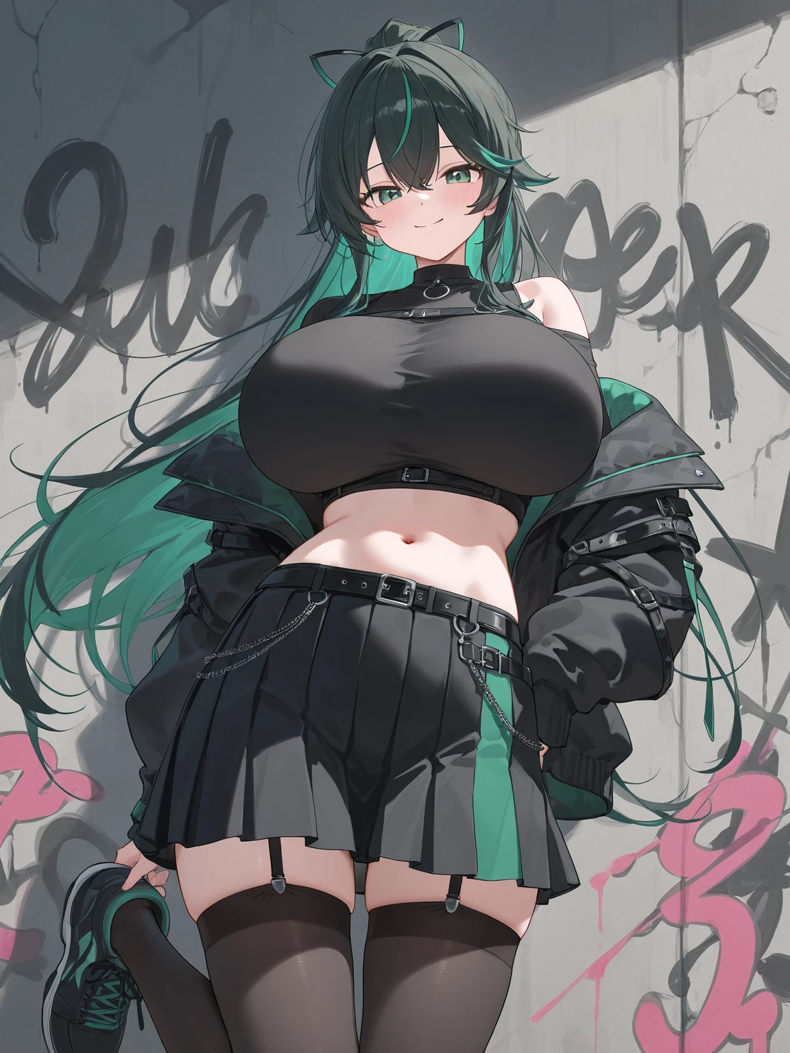 スコア_9, スコア_8_上, スコア_7_上, スコア_6_上,cute anime women ,an anime picture of a girl with big  wearing white onsie, 1girl, navel piercing, breasts, piercing, solo, goggles on head, goggles, animal ears, black hair, halo, navel, areola slip, large breasts, looking at viewer, underboob