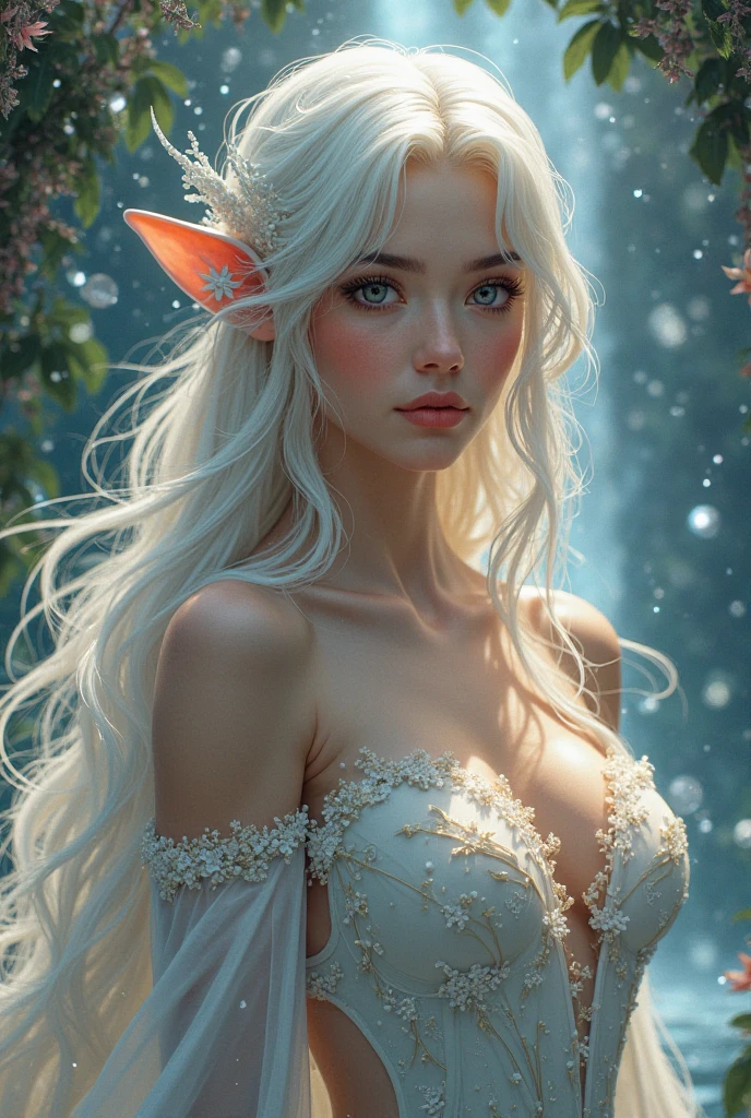 (masterpiece), best quality, ultra-detailed, 1024k UHD wallpaper, ultra-high resolution, depth of field, HDR, Ray tracing, RTX, high saturation, high contrast, photon mapping, best texture quality, best compotitions, (extremely detailed CG 1024k wallpaper), High Details, Ultra HD Photo, Perfect Face, (1woman), (((Elf))), ((Adult Female, Mature woman)), ((White hair, Long hair, Thick hair, Straight Hair)), (Shining Hair), ((Blue shine Eyes)), (Thick Eyeslashes), (Elf Ears), Beautiful Face, Mezmerize, Stunning, smooth skin, white skin, (large breasts), ((White Elf long dress)), Closed Lips, (Smiling), glossy lips, (forest Background), shimmering effect, Glitter particles, blurry background , 1boy, scene,