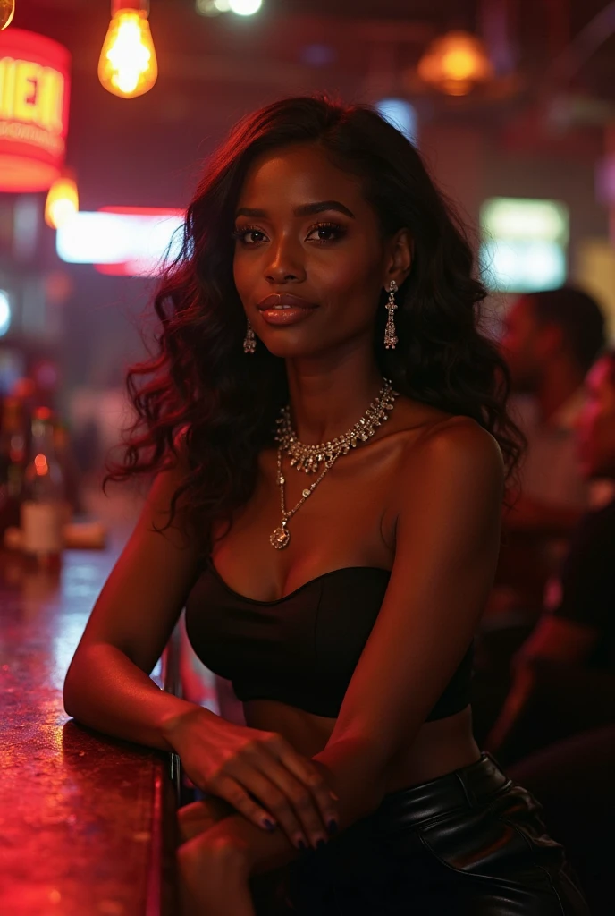 ((Super realistic ))there is a slim black woman with thick thigh, the woman has curly black curly, she has dark skin, with dark brownish skin, with long curly, long black wavy moist hair she is at a nightclub in Jamaica 🇯🇲 whilst happy and wearing a beautiful tight dress