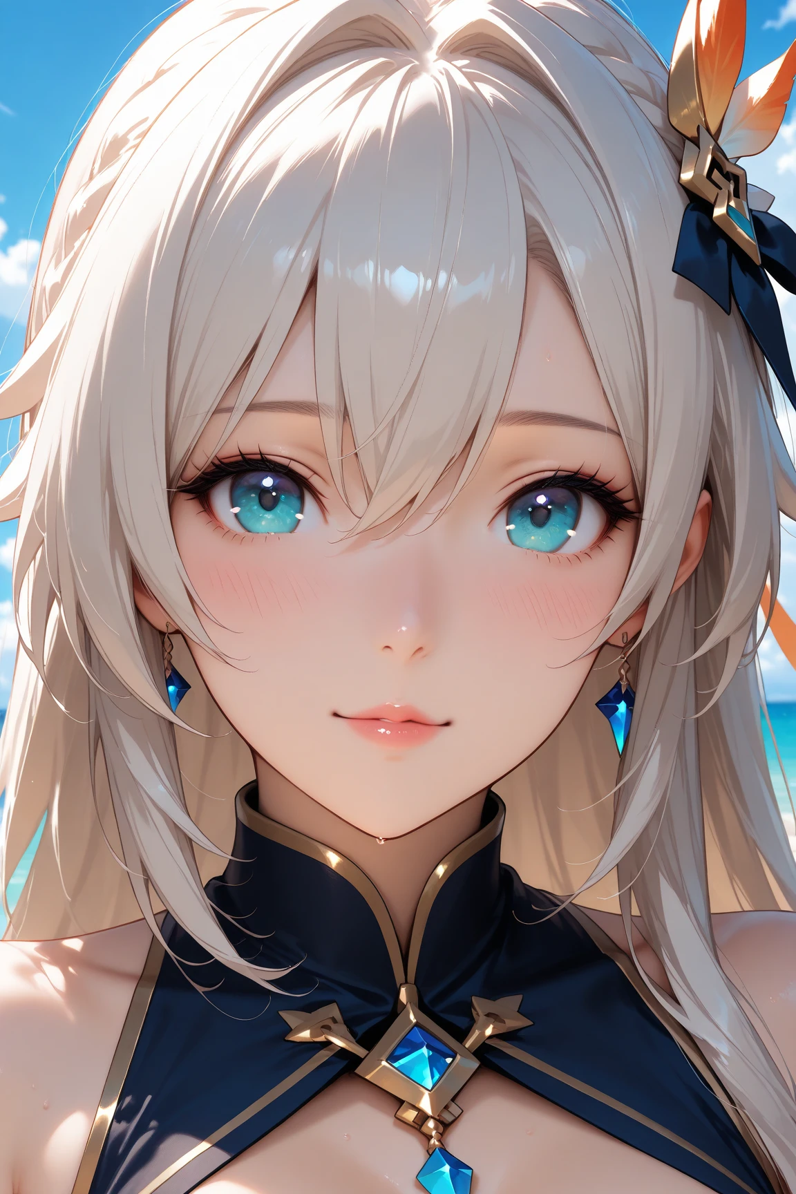 smile、Big Breasts、woman、Beautiful pale white hair、Perm Hair,Cute Swimsuit,Ultra-high resolution, Accurate, Super detailed, Textured skin, High detail, highest quality, 8k, Detailed Hair,Detailed eyes,Focus on the face,Depict the figure from the waist up,coastal,Palm tree,