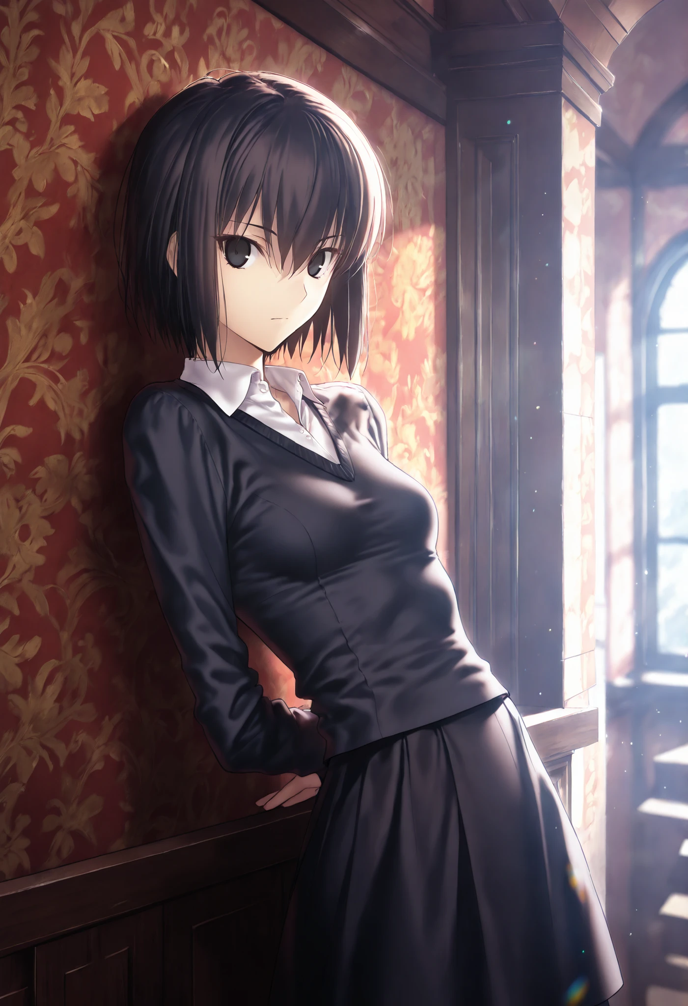 masterpiece, , absurdres, highres, detailed background, high resolution, masterpiece, necessary, detail, best quality, quality, necessary, details, High details, Precise, indoors ,(mansion, colorful light particles, powder light,),day lens flare, blurry background, (from side), ,
1girl, (type-moon,) style, koyama hirokazu style, ((on wall, leaning back)),
tall girl, mature, 1girl ,solo ,kuonji alice ,black hair ,short hair ,hair between eyes ,black eyes, tsurime, Alice_, (white undershirt, collared undershirt), ,(black sweater, V neck sweater), black skirt, , looking at viewer ,small breasts, expressionless, light smile,