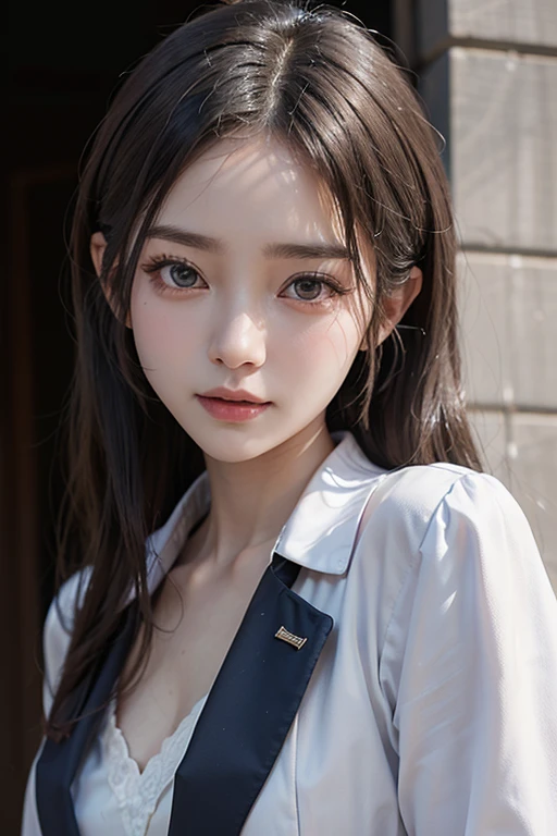 (1 nogizaka girl,raw photo,photo realistic:1.5),(best quality, high quality,HDR, highest quality,ultra high resolution,high resolution,high res,ultra high difinition,huge file size,8K,2K wallpaper,8K wallpaper,high quality texture,amazing,an extremely delicate:1.4),one girl, Japanese famous idol,beautiful face,small face,absurd,ridiculous,incredibly ridiculous,portrait,breasts close up,blurry background,(school uniform,cleavage,no makeup:1.2),(six_heads tall),medium skin,beautiful skin,detailed skin,six heads tall,black hair,silky hair,(Japanese eyes:1.3),detailed eyes,black eyes,Japanese idol eyes,triangle eyes,Japanese nose,5-fingers,(Light Particles, Lens Flare, Luminous Particles: 0.7),looking at viewer,bright lighting,professional lighting,girl