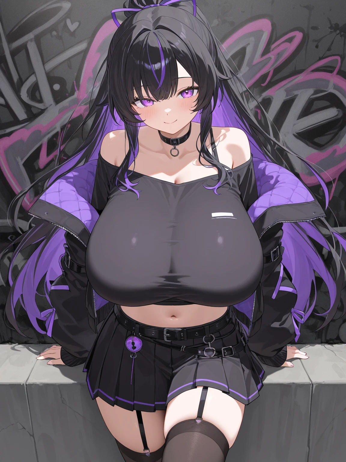 Wolf Woman, Big Breasts, Voluminous purple hair, masterpiece , Red eyes、Double teeth、tooth、Blushed cheeks、 hd, Head to Chest, buried in my chest、Underbust、Cleavage、hoodie、hot pants