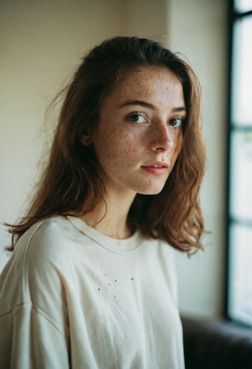 Stunning brunette woman with freckles, Portra 400 film photo, analog inspiration