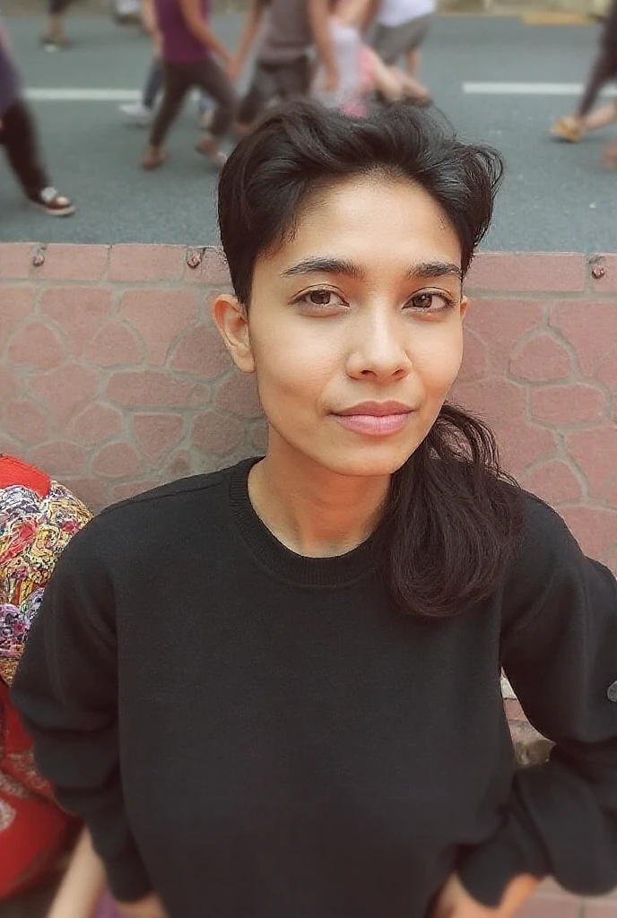 spiky bald hairstyle, short hair, mexican skin, gloves, crop top military, 1girl ,dark black hair, ((hair cut super short,)), soft Brown eyes, smile lips,