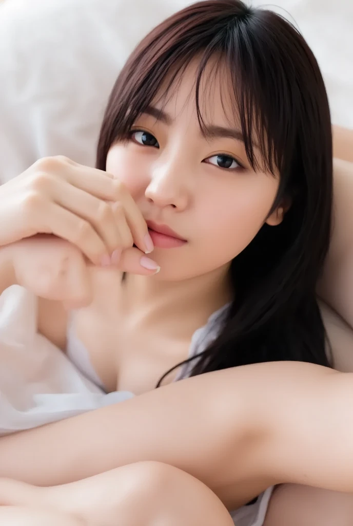 ((((NSFW))))、High resolution、In detail、Highest quality、masterpiece、Anatomically correct、A young, naked 12-year-old angel、A naked angel with white wings、Cute angel、Sleeping in bed、Lying on your back、Spread your legs wide、I can see the vagina、Her hands are emphasizing her erect nipples、((Big Breasts))、Shy expression、Sweaty and flushed skin、A spacious bed in the beautiful marine blue sea、bright midsummer sunshine、