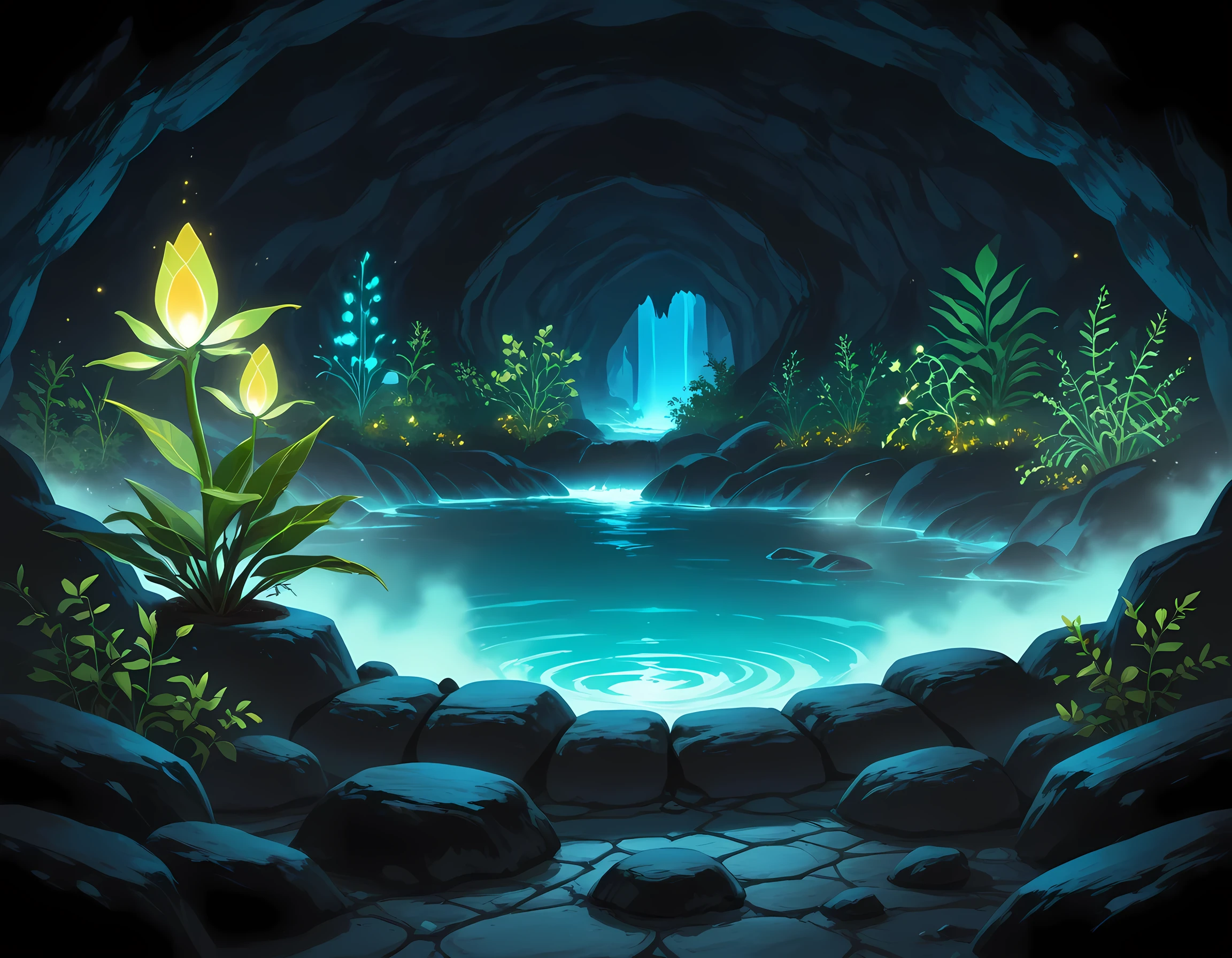  a hot spring in a cave with is steam rising from the spring, bioluminescent plants,  art by mooncryptowow