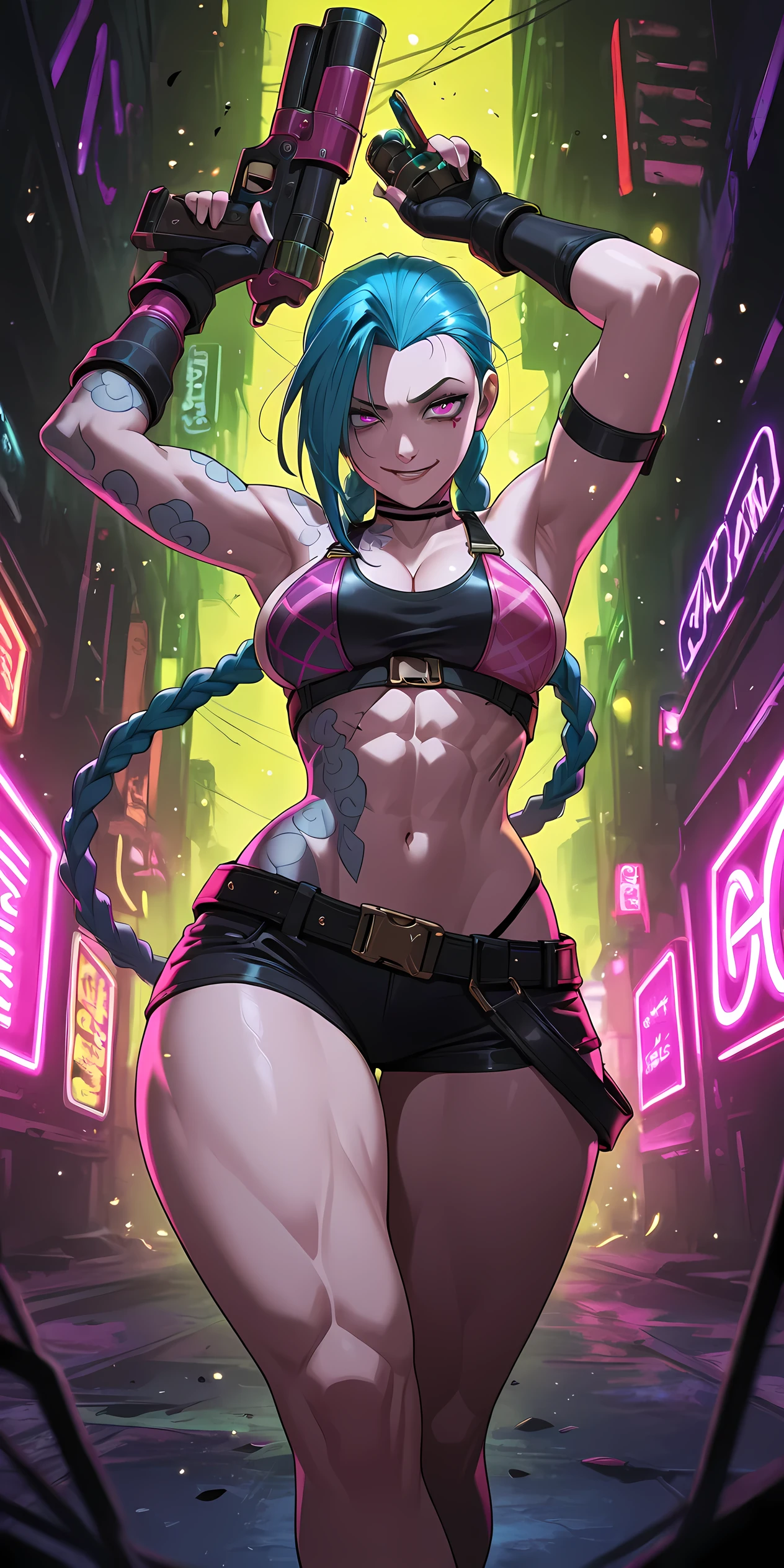 masterpiece,(((A Cyberpunk Gunfight))), 1girl, sexy, jinx, cyberpunk outfit, cleavage, midriff, smirk, neon lights, hold up a gun,hard Gunfight,cyberpunk,(((( Gunfight)))),Melee,Madness,danger,Get shot,The person who blows away,cinematic composition, colorful lightning and flying black petals ,Swirling Space ,Dramatic, beautifully detailed ,complicated details,bright colors,dramatic lighting, cowboy shot, best quality, highres icon, highly detailed, (((big breast))) (((wide hips))) armpits. (((muscular legs)))