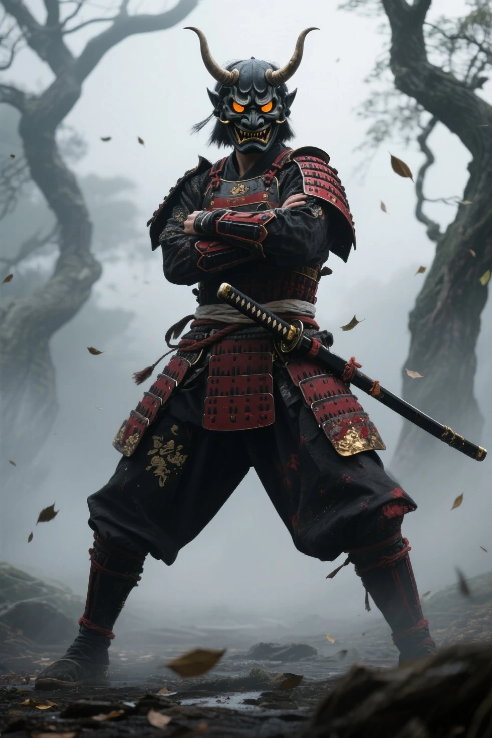 Fallen Samurai,embers,gloomy and creepy atmosphere,Red Samurai,dramatic  lighting,Cracked Red Armor, intricate details,A Lost Battle,Fading Glory,Ghostly Shadows,foggy background,Face under the mask,Majestic Helmet,A lonely figure,Rising smoke,Doomed Fate,Grim Ruins,Majestic Composition,Military Honor,desolation,Fire fighting,A sinister presence,Ash and smoke,Bloodstained Earth,worn-out armor,determination,Glyph of Courage,The End of the Samurai Era,A devastated battlefield, Standing in the middle of the battlefield [Muted color palette],[subdued tones],[Intrusive atmosphere:0.9]