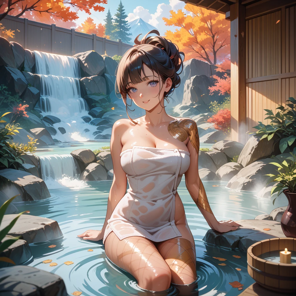 (ultra detailed eyes), (ultra detailed face), high quality, best image quality, masterpiece, age girl, 18 years old, very cute and beautiful girl, ((Naked:1.2)), ((Nude:1.2)), (Pubic hair:1.2), (onsen:1.2), (night:1.2), (light up:1.2), (soak in water, wet:1.2), (Sitting,indian style:1.2), (hot spring), medium black hair, (hair updo), medium breasts, (smile:1.2), ((Finest quality)), ultra high resolution, ultra-detailliert, Meticulous portrayal, ((Best Anime)),