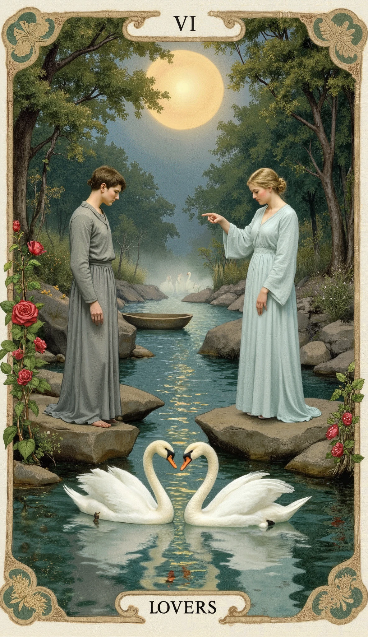 A tarot card titled “The Lovers – The Confluence” from a water-themed deck. In a dreamy Pre-Raphaelite European style blended with natural Zen aesthetics, two luminous figures stand on opposite shores of two converging rivers. One is dressed in riverstone gray, the other in soft water-blue. They reach toward each other, fingers nearly touching across the stream. A shared vessel floats between them at the place where the waters merge. Two swans glide nearby, forming a heart with their curved necks. A red rose and a white rose grow from either bank, their vines meeting across the water. Mist glows above them, forming a soft arc. The Roman numeral VI shimmers faintly in the current beneath the vessel.