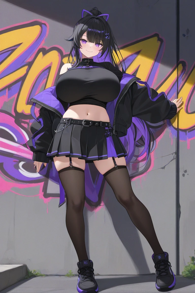 full body, tomboy, mature, sexy, smart, gorgeous body, black hair color black, black hairstyle short, purple pupils eyes, Black Gloves (simple background, white background)