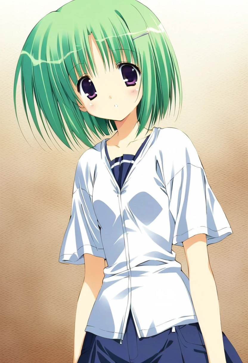 Tall 16 older anime attractive slim girl with short green fluffy hair on the face with darker complexion with chubby cheeks with white shirt and white pants with white knee-high sock with earrings in ears standing in the school with medium boobs embarrassed