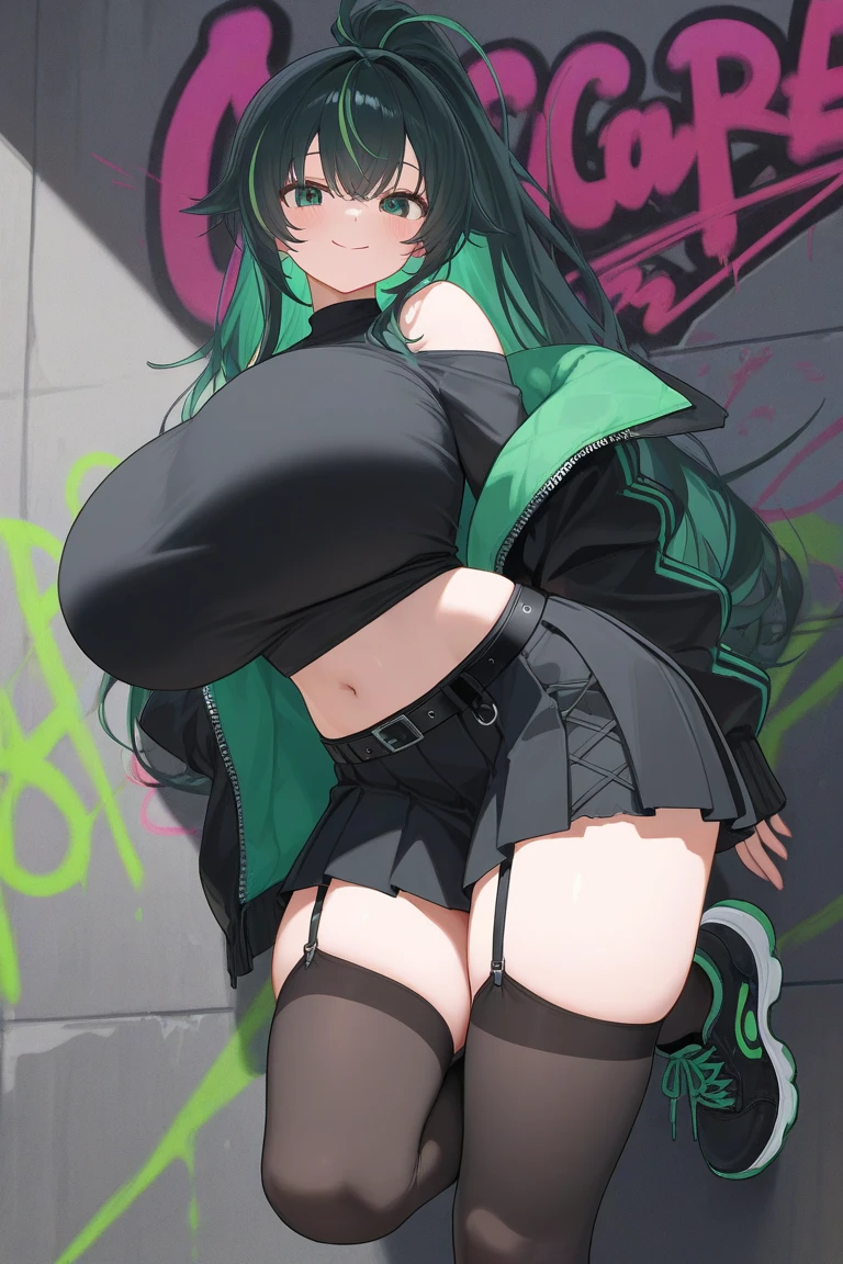 Young female, curvy body, DDD size breasts, dark green hair in two buns, light blue eyes, beautiful, vertical labret piercing, wearing Korean street style clothes.