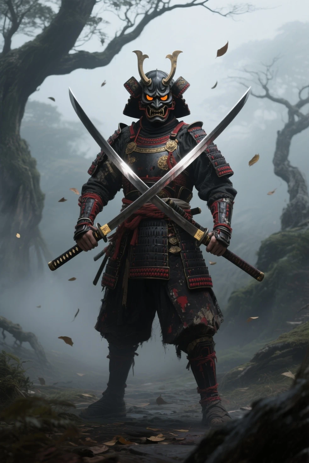 Fallen Samurai,embers,gloomy and creepy atmosphere,Red Samurai,dramatic  lighting,Cracked Red Armor, intricate details,A Lost Battle,Fading Glory,Ghostly Shadows,foggy background,Face under the mask,Majestic Helmet,A lonely figure,Rising smoke,Doomed Fate,Grim Ruins,Majestic Composition,Military Honor,desolation,Fire fighting,A sinister presence,Ash and smoke,Bloodstained Earth,worn-out armor,determination,Glyph of Courage,The End of the Samurai Era,A devastated battlefield, Standing in the middle of the battlefield [Muted color palette],[subdued tones],[Intrusive atmosphere:0.9]