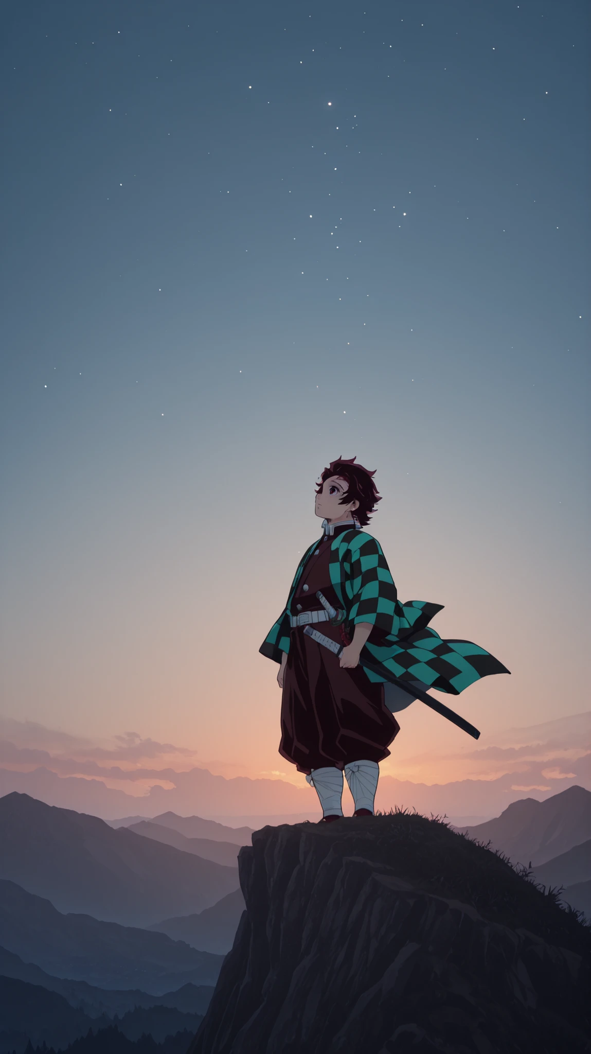 A brave anime character Tanjirou Kamado from Kimetsu no Yaiba stands on a cliff at sunrise, looking up with quiet determination. He wears a traditional samurai outfit with a checkered haori fluttering in the wind. A katana rests by his side. The sky glows with deep blues and soft pinks, filled with stars fading into daylight. The landscape below shows vast valleys and distant mountains, painted in warm morning light. His eyes reflect purpose and inner strength. The scene is peaceful yet powerful, in a Ghibli-style, highly detailed, emotional, and cinematic. Masterpiece, 8K quality, white background