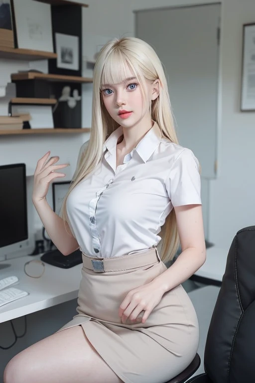 1girl, (Blue Eyes), (smiling :1.2), (Sana Minatozaki), (wide hips), Big tits, (big ass), (thin waist), (thick and toned thighs), (Best Quality, 8k, Masterpiece: 1.3), Clear Focus: 1.2, Perfect Body Beauty: 1.4, strong abs, Highly detailed face and skin texture, detailed eyes, double eyelids, detailed skin, (blonde long straight hair), (white unbuttoned dress shirt :1.2), (black secretary skirt :1.3), ((sitting on a desk)), (legs crossed :1.3), in an office, windows in the background, blurred background