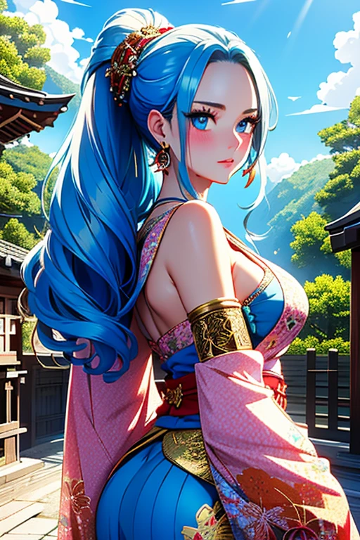 POV: ((((massive accentuated super huge enormously gigantic hanging nude tits and nude hairy pussy showing, the most beautiful and highly detailed open layed kimono with sash and ribbons, white thigh high tabi socks)))) ((very long blue hair:1.2)), skinny, slim thick, small waist, 8k, UHD, (massive accentuated super huge enormously gigantic hanging nude breasts, sitting spreading her legs open, in a sexy seductive slutty pose), cherry blossoms blowing in the wind, luxurious Japanese bedroom background