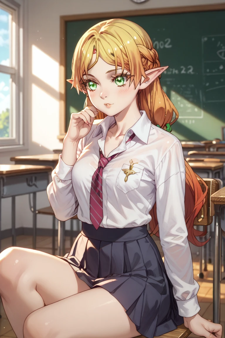 (best quality:1.2), (masterpiece:1.2), full body shot, 1girl, medium breast, elf ears, fit and petite body, long hair, blonde, white blouse, black skirt, black socks, brown shoes, standing in front of the blackboard, carrying a schoolbag, looking away, shy, blush, green eyes, <lora:oimanji_v0.2:0.4>, in the classroom,