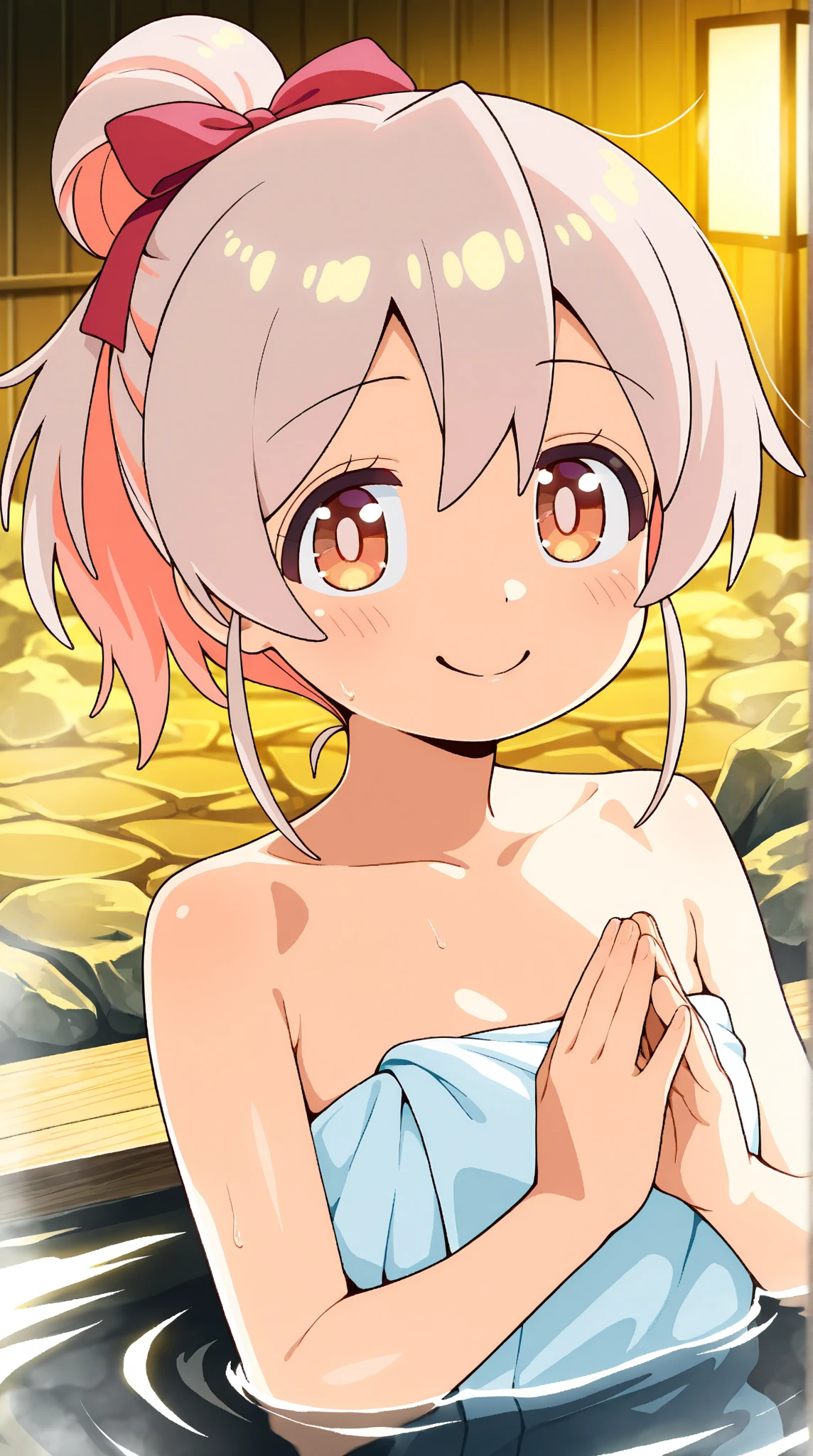 ((masutepiece)), ((Best Quality)), (Ultra-detailed), Anime style,on the bed,Cute little girl s, 1girl in, Solo, Nude 00, ((Beautiful eyes)), Smile, ((Open chest)), ((Cute nipples))