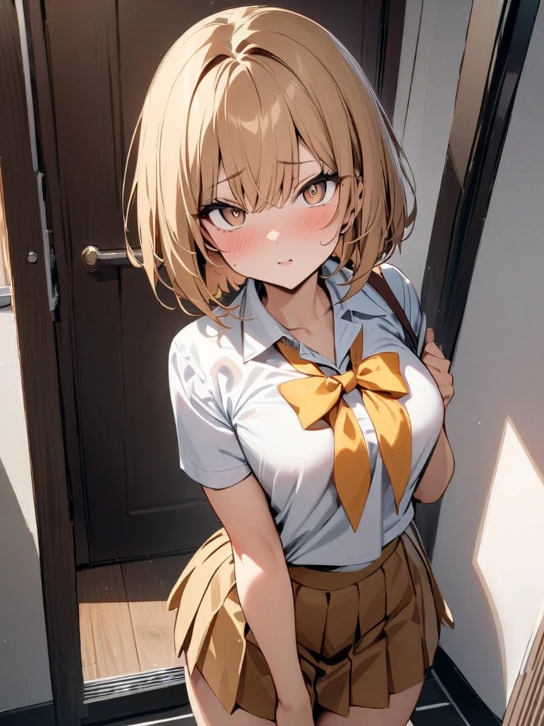 Highest quality, Soft Light, Ultra-high resolution,People Girls, alone, sexy, (A shy smile), (Yellow Eyes), Beautiful face in every detail,(High resolution detail of human skin texture), (Medium Hair),tie,Dress shirt,Short pleated skirt,panties,（Sweat:1.2）,（masterpiece:1.3）,（Realistic:1.2）,（Open your mouth:1.1）,squat